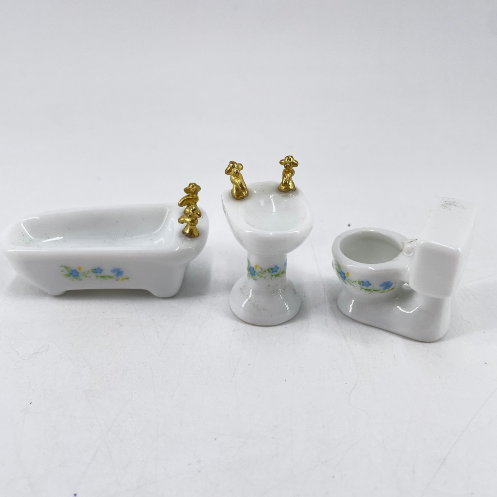 Vintage Miniature Porcelain Bathroom Set Floral Dollhouse Tub Sink Toilet 3pc